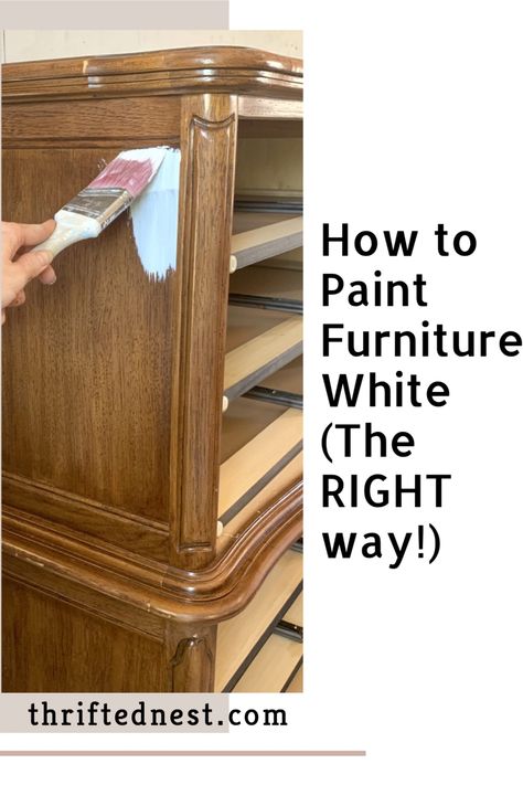 White Boho Dresser, How To Paint Dark Furniture White, Painting Timber Furniture White, How To Paint Wooden Furniture, White Painted Dresser With Wood Top, Painting Old Bedroom Furniture, Self Leveling Paint For Furniture, How To Paint Furniture White, White And Brown Furniture