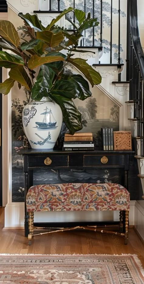 British Entryway, British Colonial Entryway, Entry Sitting Room Ideas, Colonial Entryway Foyers, Moody Foyer Ideas Entryway, Traditional Entry Way, Colonial Jungle Interior, Chinoiserie Console Table, British Colonial Style Library