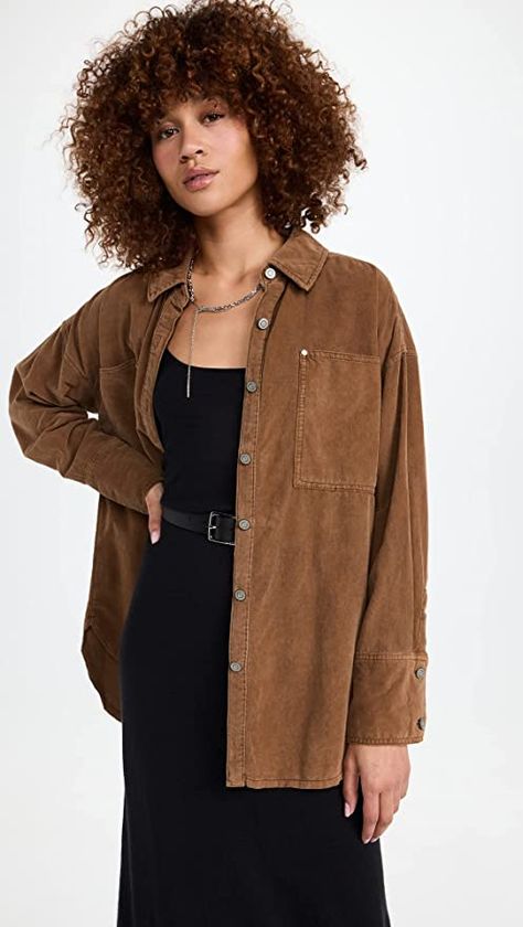 Free People Women's Baby Cord Button Down Jacket. 100% cotton Lightweight, non-stretch corduroy. Collared neckline and button placket, Long sleeves with button cuffs, Curved hem, Oversized silhouette Brown Shirt Outfit, Corduroy Top, Button Down Jacket, Bohemian Lifestyle, Corduroy Shirt, Brown Shirt, Easy Trendy Outfits, Oversized Silhouette, And Dresses