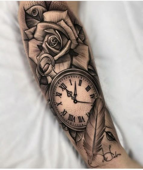 Clock And Rose Tattoo, Watch Tattoo Design, Pocket Watch Tattoos, Rose Clock, Rose Tattoos For Men, Clock Tattoo Design, Tattoos For Women Half Sleeve, Watch Tattoos, Leg Sleeve Tattoo