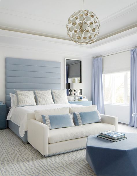 Blue Nightstands, Blue Headboard, All White Room, Transitional Bedroom, Bedroom Views, Ocean Drive, Blue Bedroom, Beautiful Bedrooms, Furniture Design Modern