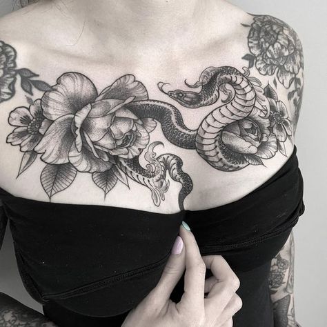 Snake Chest Piece, Chest Tattoo Female Snake, Chest Snake Tattoo, Ladies Chest Tattoo, Snake Tattoos For Women Chest, Shoulder And Chest Tattoo, Snake Chest Tattoo Female, Chest Peices Tattoos Women, Peony Chest Tattoo Female