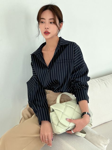 Blue Striped Blouse Outfit, Black Striped Shirt Outfit, Striped Blouse Outfit, Blue Striped Shirt Outfit, Outfits With Striped Shirts, Vertical Striped Shirt, Black Striped Shirt, Navy Striped Shirt, Blue Striped Blouse