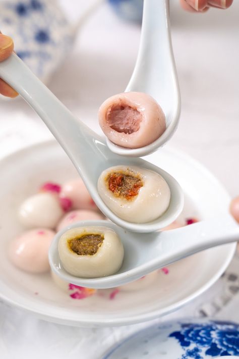 3 flavours of Glutinous Rice Balls (Tang Yuan 汤圆) — Jasma Fusion Cuisine Chinese Dessert Aesthetic, Glutinous Rice Balls Recipe, Rice Balls Recipe, Eating Chinese Food, Glutinous Rice Balls, Dried Goji Berries, Chinese New Year Recipes, Pork Floss, Chinese Desserts