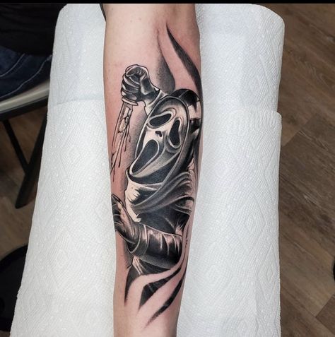 Ghostface tattoo on forearm Scream Tattoo Ghostface Sleeve, Ghostface Arm Tattoo, Ghostface Sleeve Tattoo, Horror Forearm Tattoo, Ghostface Thigh Tattoo, Tattoo Dbd, Wierd Tattoo, Ghost Face Tattoo Design, Stab Tattoo