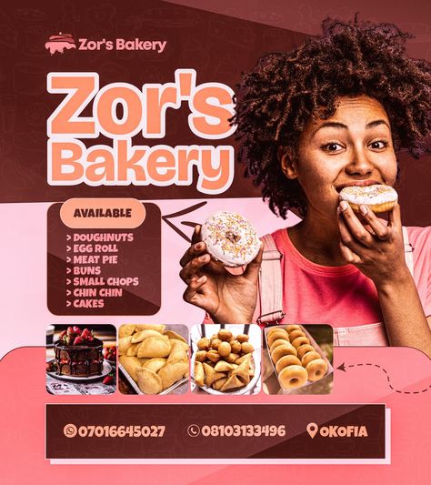 Brand Flyer Design for Zor's Bakery! A Bakery and Pastries Brand❤️ Actually the client wanted something Mature!, That was the word she kept mentioning 😂 I came up with the second slide firstly because I after I have researched and having known the importance of color pallete in the success of a functional design, I tried to blend-in colours associated with Bakery. The client however wanted something more, I had to ask her very pressing Questions so I could determine what she really wante... Pastries Flyer Design, Brand Flyer Design, Bakery Flyer, Bakery Branding Design, Bakery Branding, Flyer Design Layout, Color Pallete, Flyer Ideas, Candle Branding