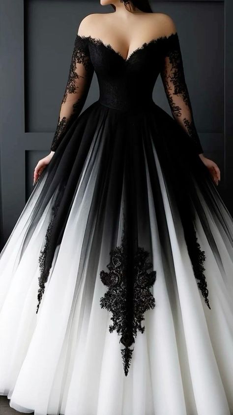 Black V Neck Wedding Dress, Dark Wedding Outfit, Black Wedding Dress White Lace, Wedding Dresses With Black Lace Accent, White Wedding Dresses With Black Lace, White And Black Lace Wedding Dress, White To Black Wedding Dress, Black To White Wedding Dress, Wedding Gothic Dress