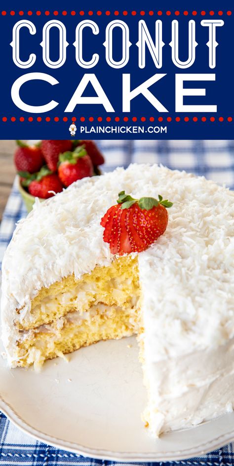 Coconut Cake - the sour cream cool whip frosting makes this cake! It is AMAZING!!! So easy to make and everyone loves it! This is my go-to cake for holidays and parties. Everyone always asks for the recipe! Only 5 ingredients -Cake mix, sour cream, cool whip, coconut and sugar. The frosting has to sit overnight in the refrigerator, so plan ahead to make this easy Coconut Cake! #cake #coconutcake #dessert #recipe Coconut Cake Frosting, Sour Cream Coconut Cake, Easy Coconut Cake, Sour Cream Icing, Whip Frosting, Cool Whip Frosting, Sour Cream Frosting, Whipped Icing, Coconut Icing