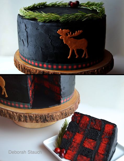 Once Upon A Pedestal: Surprise Inside Buffalo/Lumberjack Plaid Cake Buffalo Plaid Cake, Buffalo Plaid Cake Ideas, Moose Birthday Cake, Lumberjack 1st Birthday Cake, Lumberjack First Birthday Cake, Lumberjack Cake Recipe, Plaid Cake, Moose Cake, Lumberjack Cake