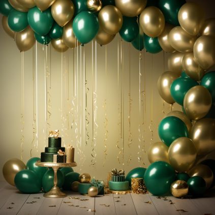 Gold and emerald green balloons with birthday cake on wood background stock photo, in the style of immersive environments, dark teal and dark beige, nature-inspired installations, tonalism, spectacular backdrops, monochromatic compositions, unique framing and composition Dark Green And Gold Balloon Arch, Green Balloons Decoration Birthday, Dark Green And Gold Decorations Party Ideas, Emerald Green And Gold Party Theme, Emerald Green Photoshoot Birthday, Green And Gold Decorations Party, Emerald And Gold Birthday Party, Emerald Green And Gold Birthday Decor, Sweet 16 Green And Gold Theme