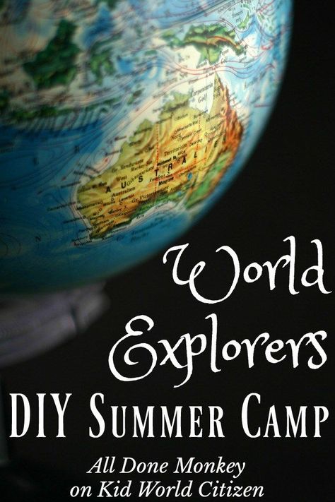 Around the World Summer Camp: a DIY camp you can set up for your neighborhood or school, where kids explore different cultures and countries. Includes a sample schedule and free resources! Around The World Summer Camp, Diy Summer Camp, Summer Camp Themes, Around The World Theme, Summer Camp Activities, World Days, Kids Exploring, World Geography, Diy Summer