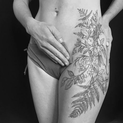 @land.of.sky on Instagram: “Added on to Lianne’s Pine Barrens piece today- most of the top is healed and the bottom fern & turks cap is fresh. I love how it flows ❤️” Forest Hip Tattoo, Fern Hip Tattoo, Nature Tattoo Thigh, Highschool Bathroom, Turks Cap, Small Nature Tattoo, Bird And Flower Tattoo, Tattoo Dream, Side Hip Tattoos