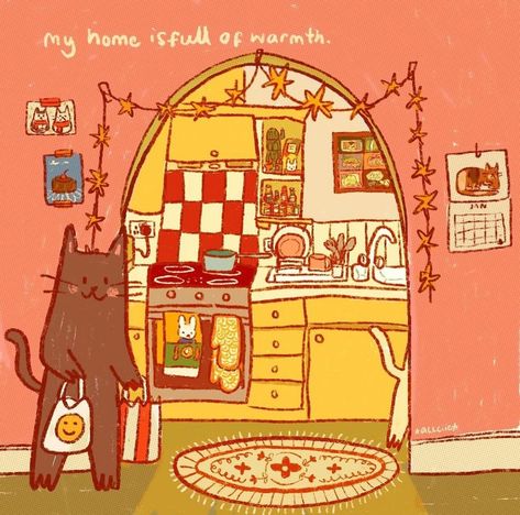 alice williams 🌻 illustrator | cats at home 🍳 • • • • #cosycats #couple | Instagram Cats At Home, Couple Instagram, Bear Pictures, Diy Art Projects, Illustrators On Instagram, Tiny Kitchen, June 21, Cat Illustration, Cute Doodles