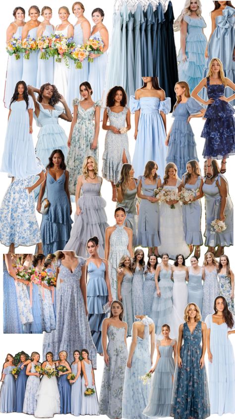 Blue Bridesmaid With Groomsmen, Pretty Blue Bridesmaid Dresses, Wedding Bridesmaid Dresses Dusty Blue, Revelry Blue Bridesmaid Dresses, Mismatched Blue Wedding Party, Denim Blue Bridesmaids Dresses, Delft Blue Bridesmaid Dress, Blue And Champagne Bridesmaid Dresses, Bridesmaid Colors Blues