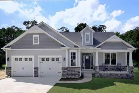 Light Grey Siding Exterior, Gray Painted Brick House, Stone Front Porch, Grey Stone House, Front Porch Stone, Green House Exterior, Exterior House Siding, White Exterior Paint, Window Grids