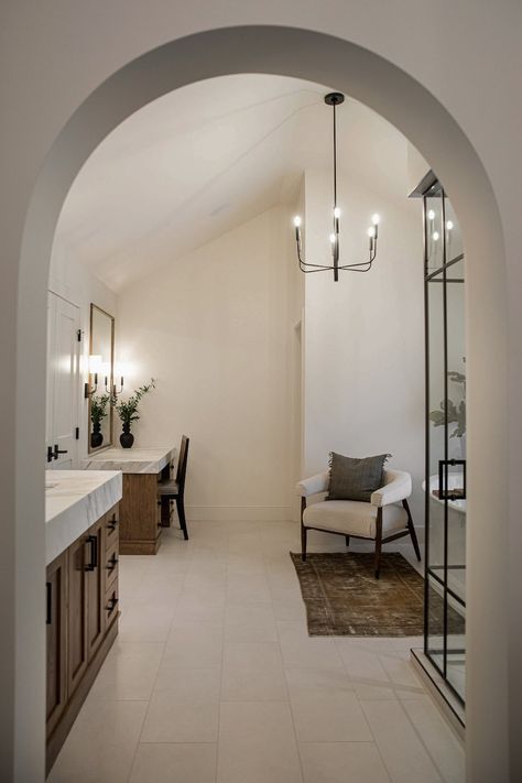 Walk In Shower With Arched Entry, Open Master Bath And Bedroom, Huge Shower Walk In, Walk Through Showers, Veranda Estate Homes, Primary Closet, Ensuite Design, Primary Bath, Bathroom Inspiration Decor