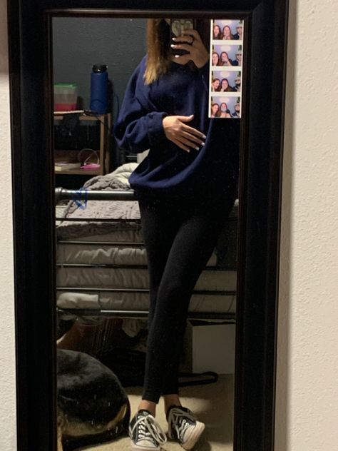 Dark Blue Hoodie Outfit, Dark Blue Leggings Outfit, Blue Hoodie Outfit, Blue Leggings Outfit, Dark Blue Hoodie, Hoodie And Leggings Outfit, Dark Blue Sweatshirt, Blue V Neck Sweater, Color Converse