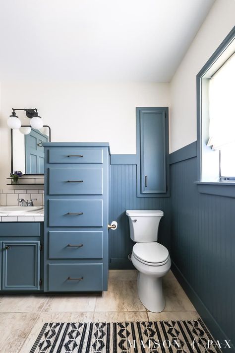 Blue Beadboard Bathroom, Molding In Bathroom, Floor To Ceiling Beadboard, Painted Beadboard Walls, Diy Beadboard Walls, Vinyl Beadboard, Blue Beadboard, Beadboard Ideas, Painted Beadboard