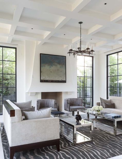 12 Ways to Incorporate a Coffered Ceiling Into Your Home Decorative Ceiling Panels, Modern White Living Room, Mediterranean Living Room, Northern Light, Living Modern, Black Windows, Transitional Living Rooms, Living Room White, Coffered Ceiling