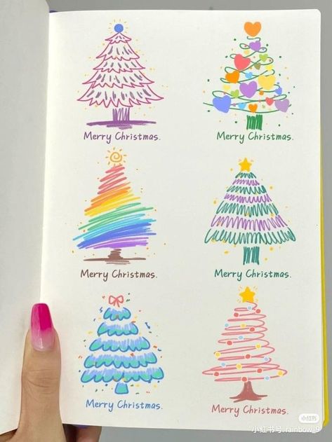 Merry Christmas Journal Ideas, Cute Merry Christmas Drawings, Merry Christmas Art Draw, Aesthetic Christmas Card Ideas, Merry Christmas Drawing, Different Christmas Trees, Christmas Tree Drawing, Easy Paper Crafts Diy, Christmas Card Art