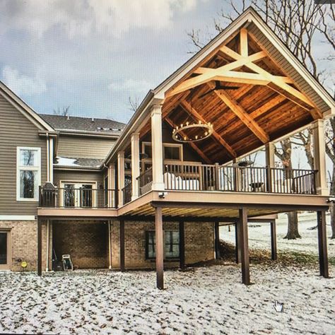 Covered Deck Front Of House, Vaulted Covered Deck, Deck With Sunroom, Covered Deck Attached To House, Raised Porch, Mountain House Deck, Sunroom With Deck Attached, Home Additions Back Of House Deck, Add Wrap Around Porch To House