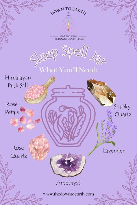 "Graphic showing items to include in a sleep spell jar: amethyst, rose quartz, Himalayan pink salt, and rose petals. The items are arranged with labels and decorative elements." - Down to Earth. Spell Jar For Sleep, Ingredients For Spell Jars, Spells With Rose Petals, Sleep Spell Jar, Sleep Spells, Calming Spell, Sleeping Spell, Witch Guide, Christian Witch