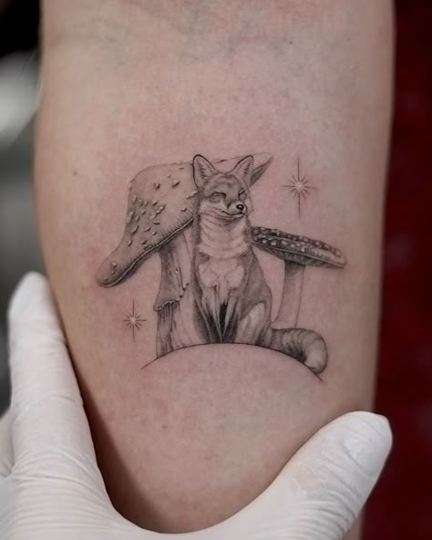 Powerful Animal Tattoos, Micro Mushroom Tattoo, Tattoo For Plus Size Women, Fox Wrist Tattoo, Fox Mushroom Tattoo, Realism Mushroom Tattoo, Fox And Mushroom Tattoo, Brown Bear Tattoo For Women, Dainty Fox Tattoo