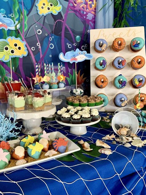 Under the Sea 1st Birthday | CatchMyParty.com Sea Animals Theme Birthday Party, Under The Sea Boy Birthday Party, Under The Sea Birthday Party Boy, Under The Sea Birthday Party Food, Sea Animals Birthday Party, Sea Animal Birthday Party, Sea Animal Party, Under The Sea First Birthday, Sea Birthday Party Ideas