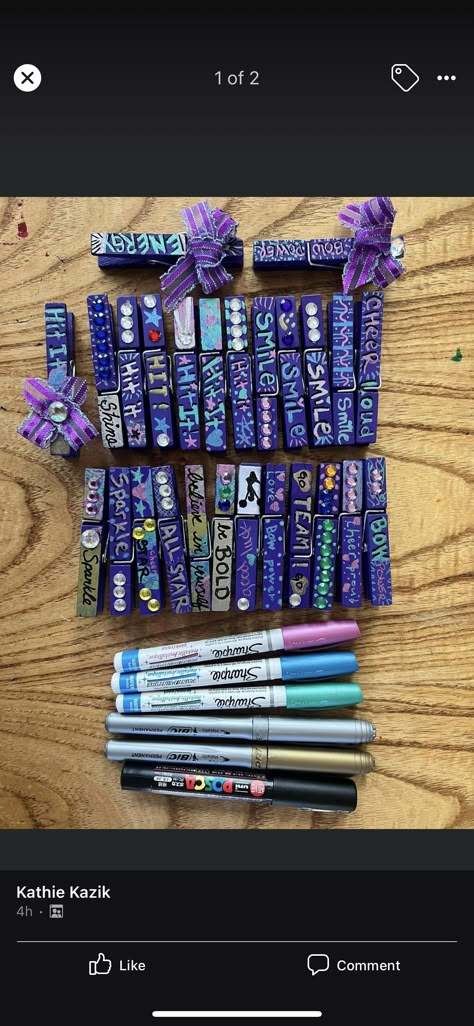 Cheer Bag Clothespins, Good Luck Clothespins For Cheer, Cheer Good Luck Pegs, Cheer Cloths Pins, Cheer Goodluck Clothespins, Cheerleading Ideas Diy, Cheer Clothes Pins For Backpacks Ideas, Cheer Comp Clothes Pins, Cheer Competition Pin Ideas