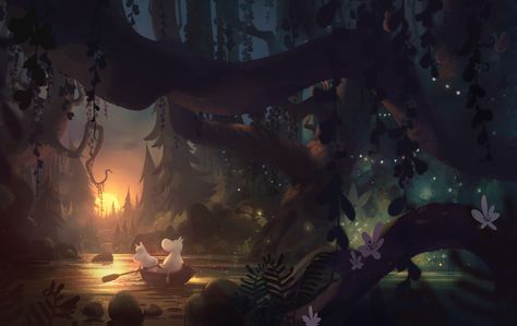 Moominvalley Concept Art / Midsummer Night by Tuomas Korpi Moomin Wallpaper, Moomin Valley, Rosamund Pike, Tove Jansson, Nordic Lights, Taron Egerton, Magical Art, Matte Painting, Kate Winslet