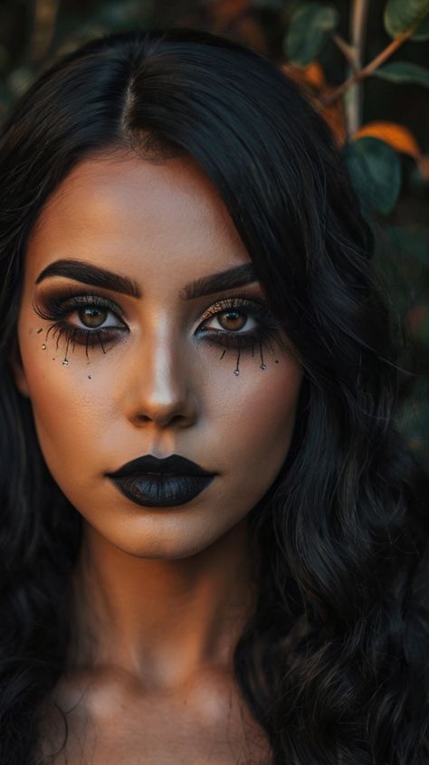 ✨👑 Enchanting Witch Makeup black hair costume ideas | Effortless Refinement 🎭✨ Witchy Makeup Aesthetic, Dark Witch Makeup, Black Hair Costume Ideas, Black Hair Costume, Brown Hair Halloween Costumes, Witchy Makeup, Black Hair Bun, The Mask Costume, Pixie Haircut Styles