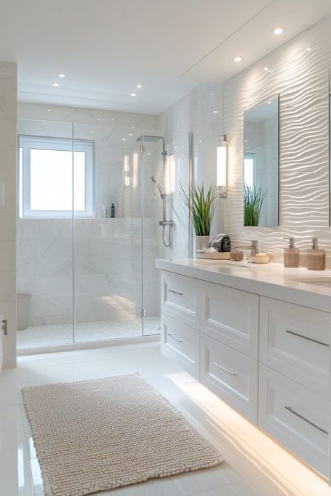 Small White Bathroom Ideas Modern, Transitional Small Bathroom Design, Grey Bathroom White Tiles, Simple Pretty Bathroom, Light Grey Walls Bathroom Ideas, Bathroom Decor For White Bathrooms, Fancy White Bathroom, Soft Modern Bathroom, All White Guest Bathroom