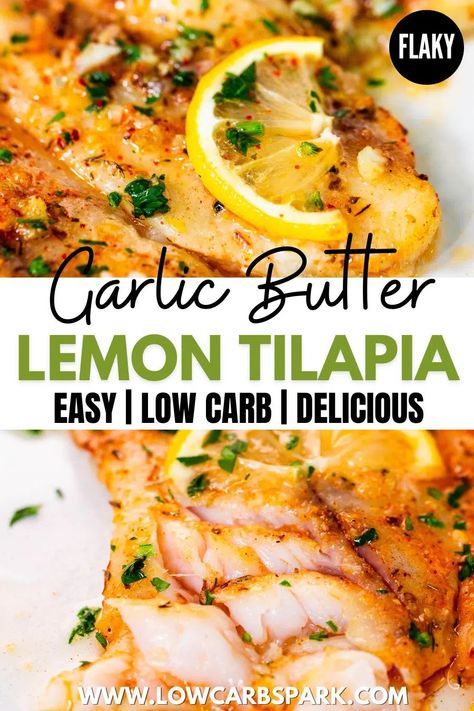 This easy baked tilapia recipe is the perfect healthy dinner ready in just 20 minutes. Learn how to make super flaky and tender lemon butter tilapia that will become a family favorite.rn Lemon Garlic Butter Tilapia, Garlic Butter Baked Talipia, Healthy Baked Tilapia, Talipia Recipes Broiled, Lemon Butter Tilapia Baked, Talapia Ideas Meal Prep, High Protein Tilapia Recipes, Frozen Tilapia Recipes Baked, Pan Tilapia Recipes