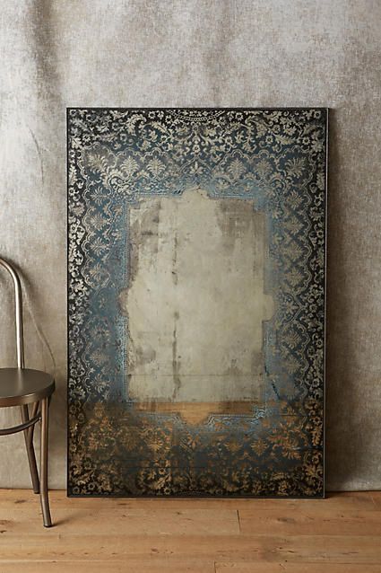 Anthropologie Dissolved Lace Mirror  A border of lace fades into a reflective surface, for the antique effect of a mirror discovered long ago.  (afflink) Distressed Mirror, Soyut Sanat Tabloları, Mirror Painting, Diy Mirror, Antique Mirror, A Chair, Arabesque, 인테리어 디자인, Home Collections