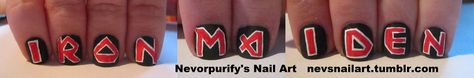 Iron Maiden nails by mariam1984.blogspot.com Iron Maiden Nails, Iron Man Nails Designs, Ironman Nails, Iron Maiden Birthday, Iron Maiden Font, Iron Maiden, Company Logo, Tech Company Logos, Nail Art