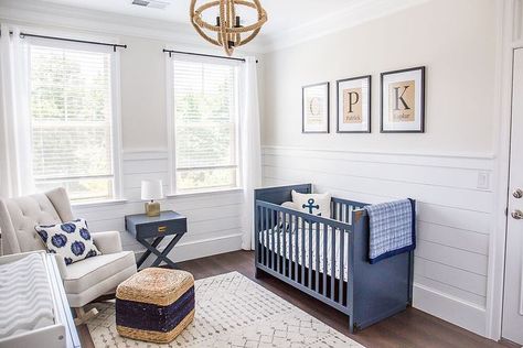 Baby Boy Bedroom Ideas, Nautical Baby Room, Boy Bedroom Ideas, Nautical Nursery Boy, Blue Crib, Wood Crib, Classic Nursery, Baby Boy Bedroom, Striped Walls