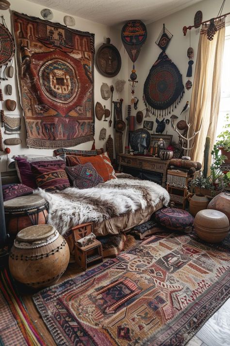 29 Boho Witchy Bedroom Ideas for a Stylishly Mystical Design - My Elegant Home Boho Witch Aesthetic, Boho Witchy Bedroom, Witchy Bedroom Ideas, Witchy Ideas, Witchy Bedroom, Bed Drapes, Hippie Living, Native American Decor, Ceiling Murals