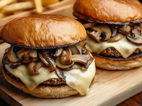 Juicy Mushroom Swiss Burger Recipe – The Best Melt-in-Your-Mouth Burger You’ll Ever Taste - NewsBreak Mushroom Swiss Burger Recipe, Swiss Burger, Mushroom Swiss Burger, Crispy Sweet Potato Fries, Parmesan Cream Sauce, Crispy Sweet Potato, Beef Patties, Truffle Fries, Mushroom Burger