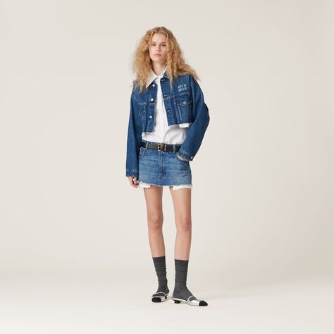 Navy Denim Blouson Jacket | Miu Miu Miu Miu Denim, Blouson Jacket, Denim Outerwear, Blue Denim Jacket, Washed Denim, Long Sleeves Jacket, Denim Outfit, Gray Jacket, Long Sleeve Crop Top