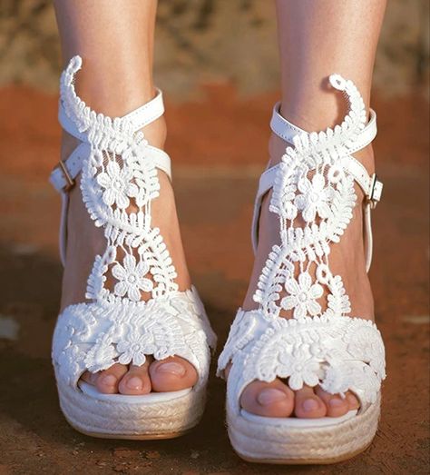 Wedding Rhinestone Wedge Sandals Open Toe, White Lace Wedding Sandals, Casual White Lace-up Wedge Sandals, White Open Toe Lace-up Platform Sandals, Wedge Heel Lace-up Sandals With Platform For Beach, Boho Wedding Shoes, Wedding Platform, Wedding Shoes Bridesmaid, Lace High Heels