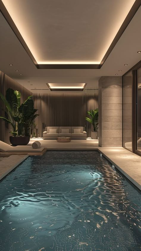 Basement Pool Swimming, Interior Pool Design Luxury, Pool Room Ideas Interior Design, Hotel Room With Private Pool, Indoor Pool House Luxury, Aesthetic Indoor Pool, Indoor Pool In House, Inside Pool Aesthetic, Pool Room Aesthetic