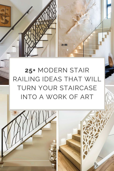 A variety of Modern Stair Railing Ideas. Decorative Railings Interior, Staircase Rails Ideas, Handrail Design For Stairs, Modern Stair Rails, Indoor Stair Railing Ideas Metal, Stair Rails Ideas Banisters, Stairs Railing Design Modern, Stair Entryway Ideas, Staircase Handrail Ideas