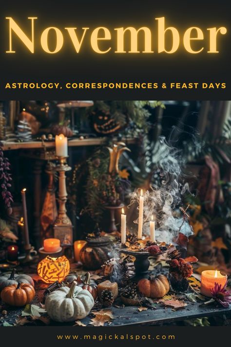 Step into the introspective chill of 🍁 November with 'Astrology, Correspondences & Feast Days.' Navigate the month's celestial energies, from the Beaver Moon to the depth of Scorpio's waters. 🌕♏ Explore November's rich tapestry of magical correspondences and the ancestral feasts that ground us in gratitude and remembrance. Perfect for those seeking wisdom in the darkening days. Let November's stars guide your path and practice. 🌌🔮 November Magick, November Rituals, November Magic, November Moon, November Correspondences, November Full Moon, Scavenger Hunt Party, Pagan Inspiration, November Holidays