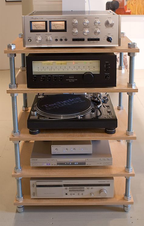 Plywood shelving/threaded rod Lp Regal, Plywood Shelving, Hifi Stand, Hifi Rack, Hifi Furniture, Wine Rack Plans, Turntable Stand, Stereo Cabinet, Audio Rack