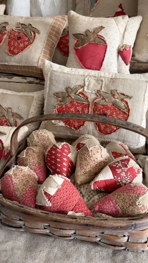 Showing off the strawberries made from old quilts and grain sacks today! Website restock Sunday at 7 PM ET. #strawberryseason… | Instagram Vintage Quilt Crafts, Applique Pillows Ideas, Handmade Sewing Gifts, Old Quilts Repurposed Ideas, Sewing Projects For Gifts, Quilted Decor, Quilted Crafts, Strawberry Crafts, Bee Ideas