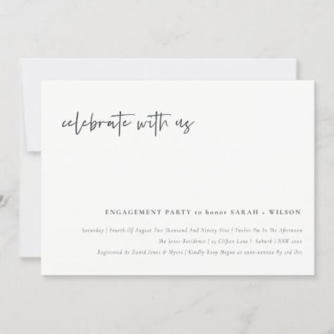 $2.72 | Celebrate With Us Calligraphy Engagement Invite #calligraphy script custom clean font, modern contemporary simple minimal luxe, fresh personalised lush fall designer, wedding invitation template cool luxury, elegant handwritten neutral english bold, trendy pretty exquisite graceful ivy, chic whimsical kraft classy typography, minimalist boutique spring summer winter, classy unique casual urban lettering, industrial romantic black and white Minimalist Boutique, Dinner Invitation Wording, Engagement Invite, Typography Minimalist, Elegant Engagement Party, Fall Bridal Shower Invites, Invitation Etiquette, Wedding Invitation Etiquette, Wedding Invitation Video