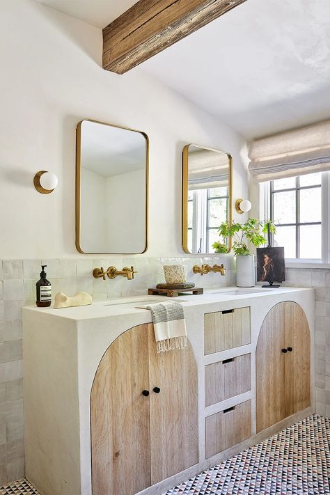 How to Design a Farmhouse Bathroom Without It Turning Out Overly Rustic Marble Tile Bathroom, Hand Hewn Beams, Marble Tile Floor, Reclaimed Wood Wall, Lavatory Faucet, Marble Floor, Rustic Bathroom, Bathroom Renos, Kitchen Projects