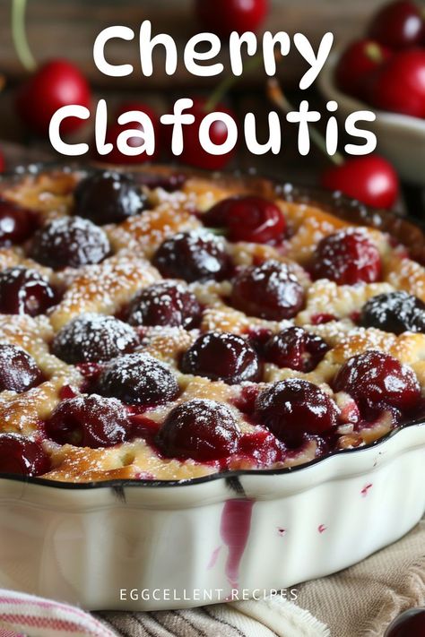 If you are in the mood for a delightful and simple dessert, Cherry Clafoutis is the perfect choice. #Cherry Clafoutis recipe #cherry clafoutis recipe julia childs #cherry clafoutis smitten kitchen #cherry clafoutis recipe almond flour #cherry clafoutis aesthetic #cherry clafoutis gluten free #cherry clafoutis recipe gluten free #cherry clafoutis food photography Dessert Cravings, Cherry Clafoutis, Fresh Cherries, Baking Dish, Powdered Sugar, 2 Cups, 1 Cup, Vanilla Extract, Flour