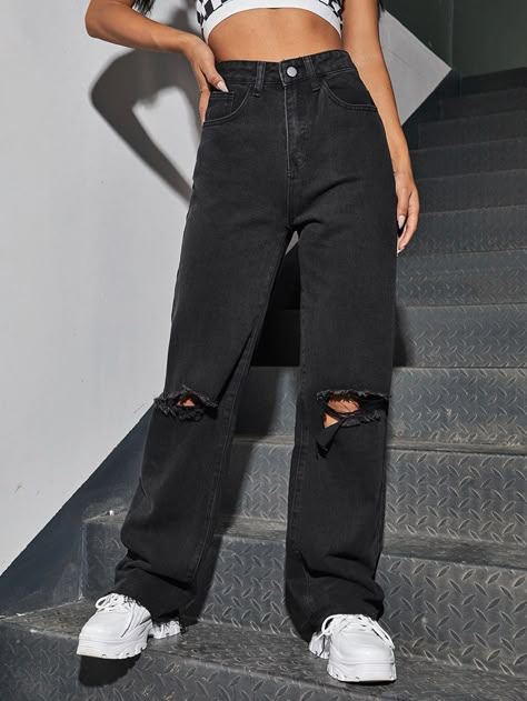 High Waisted Ripped Wide Leg Jeans | SHEIN USA Ripped Wide Leg Jeans, Wide Leg Black Jeans, Black Wide Leg Jeans, Wide Leg Jeans Outfit, Black Jeans Outfit, Trendy Jeans, Jean Large, Cute Pants, Black Ripped Jeans