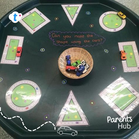 Cars Eyfs Activities, Road Safety Tuff Tray, Shape Tuff Tray Ideas, Shapes Tuff Tray, Shape Activities Eyfs, Maths Tuff Tray Ideas, Pencil Control, Fine Motor Activities For Kids, Eyfs Activities